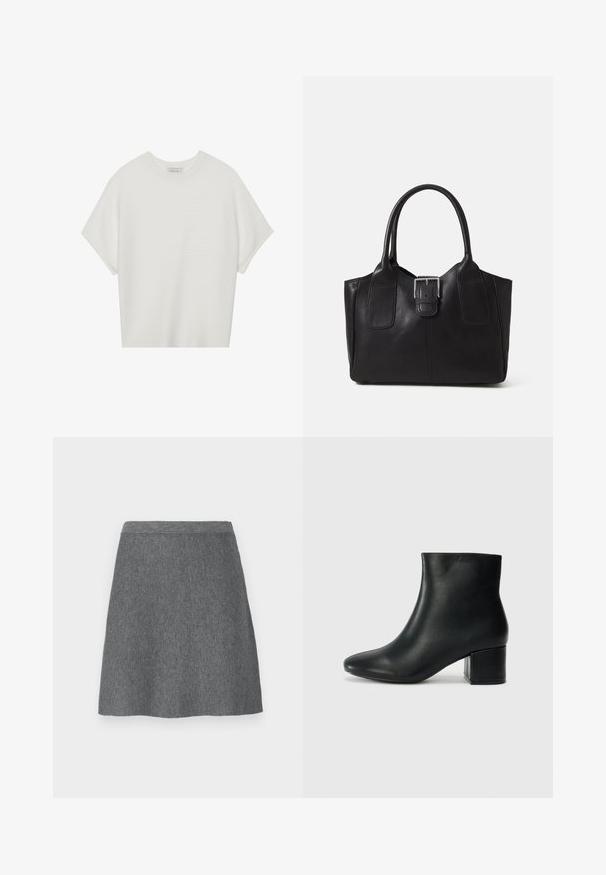 Bijela majica kratkih rukava s širokim okruglim izrezom i teksturiranim rebrastim uzorkom, izrađena od mekog materijala, s opuštenim krojem i čistim dizajnom.; Siva vunena suknja s uskim pojasom, A-linijskog kroja i glatkom teksturom. Bez džepova ili vidljivih metalnih detalja.; Crne kožne čizme do članaka s uskim vrhom i debelim potplatom. Glatka tekstura s minimalnim detaljima i elegantan, prilagođen dizajn.; Crna kožna torba za nošenje s glatkom teksturom, strukturiranim oblikom, dvije ručke i istaknutim srebrnim kopčanjem na prednjoj strani.