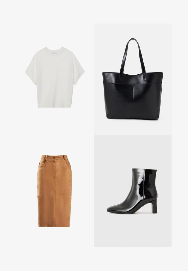 Bela majica s kratkimi rokavi in širokim ovratnikom ter teksturiranim rebrastim vzorcem, izdelana iz mehke tkanine, z udobnim krojem in čistim dizajnom.; Rjava semična krila iz nubuka z visokim pasom, sprednjim gumbom, dvema stranskima žepoma in vertikalnimi šivi. Gladka tekstura.; Črne lakirane gležnjarje z ošiljenim nosom in srednje visokim blokastim peto. Gladka tekstura in minimalističen dizajn.; Črna usnjena torba z dvema dolgima ročajema, gladko teksturo in strukturirano obliko. Ima sprednji žep za dodatno shranjevanje.