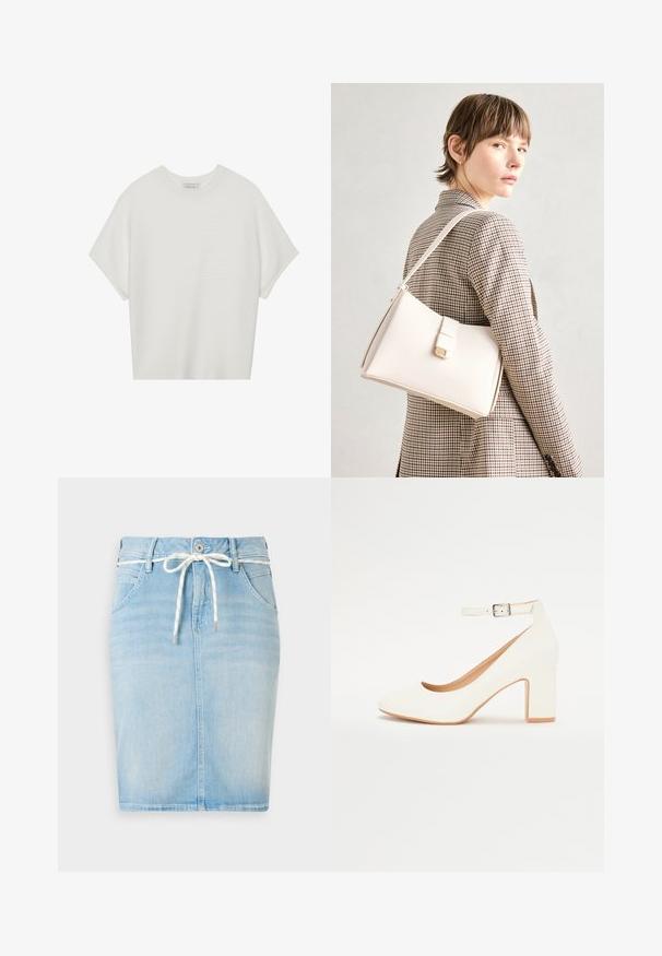 Valkoinen lyhythihainen t-paita, jossa on leveä pyöreä kaula-aukko ja teksturoitu ribbikuvio, valmistettu pehmeästä kankaasta, rento malli ja siisti muotoilu.; Vaaleansininen farkkuhame, jossa on naru vyötäröllä, viisi taskua ja suora siluetti. Sisältää hienovaraisen haalistuneen kuosin.; Valkoiset korkokengät, joissa on terävä kärki, paksu korko ja nilkkastrappi. Sileä viimeistely hienovaraisella kiillolla ja beige sisus.; Valkoinen nahkainen käsilaukku, jossa on jämäkkä muotoilu, magneettinen suljin ja olkahihna, esillä neutraalilla taustalla.