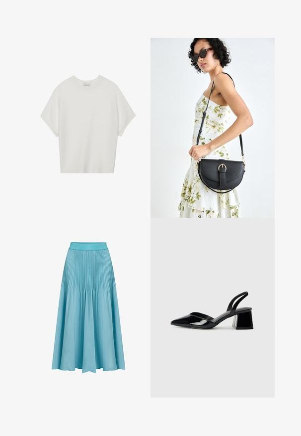 Fehér, rövid ujjú póló széles kerek nyakkivágással és textúrázott, bordás mintával, puha anyagból készült, laza fazonú és letisztult dizájnú.; Fodros midi szoknya világoskék színben. Jellemzője a széles derékpánt, a lebegő forma, valamint a függőleges ráncolások, amelyek textúrát és mozgást adnak.; Fekete lakk bőr szandálkés magas sarkú cipő, hegyes orral és geometrikus tömbsarkakkal. Karcsú, minimalista dizájn és sima textúra jellemzi.; Fekete bőrtáska ívelt formával, levehető pánttal és arany színű fémrészekkel. A táskán egy csattal díszített fedél található.