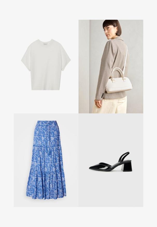 Bela majica s kratkimi rokavi in širokim ovratnikom ter teksturiranim rebrastim vzorcem, izdelana iz mehke tkanine, z udobnim krojem in čistim dizajnom.; Modra cvetna maksi krila z belimi vzorci, gubane plasti in pasom na vrvico s pomponi na robu. Iz bombažnega materiala.; Črne lakirane slingback pete s koničastim nosom in geometrijsko blokasto peto. Imajo eleganten, minimalističen dizajn in gladko teksturo.; Bela strukturirana torba z kratkimi ročaji in naramnim trakom, z zlatimi okrasnimi elementi in teksturiranim materialom, prikazana na sivi podlagi.; Uhane nakit iz zlatastega tona z gladko, ukrivljeno zasnovo. Ima edinstveno koničasto obliko, polirano površino in zaponko s tečajem.