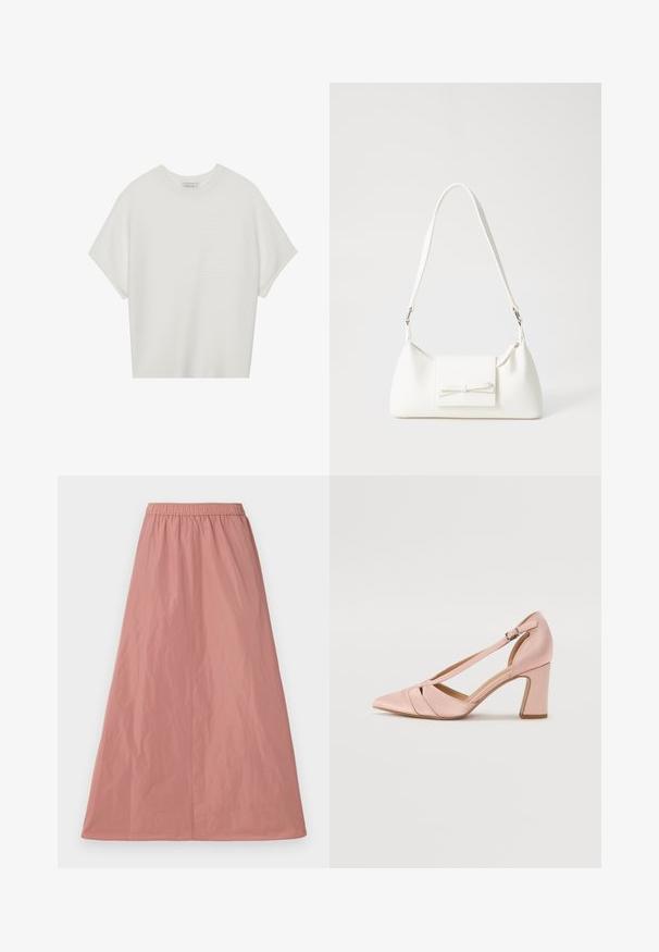 T-shirt blanc à manches courtes avec un large col rond et un motif côtelé texturé, fabriqué en tissu doux, présentant une coupe décontractée et un design épuré.; Jupe maxi rose en tissu léger, dotée d'une taille élastique, d'une texture lisse et sans motifs ni accents visibles.; Escarpin en satin rose avec un bout pointu et une bride réglable à la cheville, présentant des découpes diagonales et un talon épais.; Sac à main synthétique blanc en forme triangulaire, avec un rabat avant plat et un détail en nœud, une bandoulière ajustable, une texture lisse et un design minimaliste.