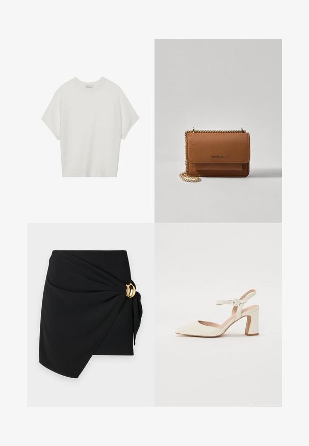 Biela tričko s krátkym rukávom a širokým okrúhlym výstrihom, s textúrovaným rebrovaným vzorom, vyrobené z mäkkej látky, s uvoľneným strihom a čistým dizajnom.; Čierna sukňa z hladkej tkaniny, s prekrúteným dizajnom a detailom zlatého kruhového spony na boku.; Členkové lodičky v krémovej farbe s podpätkom v tvare bloku. Majú tenký remienok okolo členka s okrúhlou prackou a hladkú koženú textúru.; Hnedá textúrovaná kožená taška cez telo s zlatým reťazovým popruhom a preklopným uzáverom. Predná strana obsahuje detail s logom a vrecko pod preklopkou.