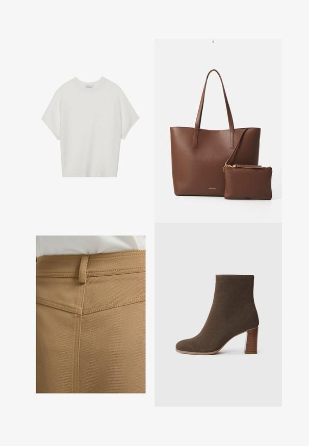 Biała koszulka z krótkim rękawem o szerokim dekolcie, wykonana z miękkiego materiału, z fakturowanym prążkowanym wzorem, charakteryzująca się luźnym krojem i minimalistycznym designem.; Brązowa, teksturowana tkanina z diagonalnym wzorem; widoczne przeszycia i pętelka na pasek w talii. Ostrym widokiem na górną część odzieży.; Brązowy zamszowy botek sięgający kostki z okrągłym noskiem oraz piętą o warstwowej, teksturowanej powierzchni. Gładkie wykończenie bez widocznych zapięć ani ozdób.; Brązowa torba tote z syntetycznej skóry, z dwiema długimi rączkami i dopasowaną małą saszetką. Powierzchnia ma teksturowany wzór i złote akcenty.