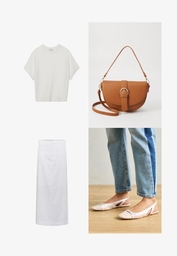 Hvit t-skjorte med korte ermer, bred rund hals og teksturert ribbet mønster, laget av myk stoff, med en avslappet passform og et enkelt design.; Hvit lin midi skjørt med rett snitt, som har en glatt tekstur, minimale sømmer og en linning for en skreddersydd passform.; Lys rosa slingback leiligheter med spiss tå, laget av et glatt, læraktig materiale. Har utskjæringer på sidene og lav hæl.; Brun lærcrossbody-veske med en buet form, gullhardware og et spenneakcent. Har en avtakbar skulderreim.