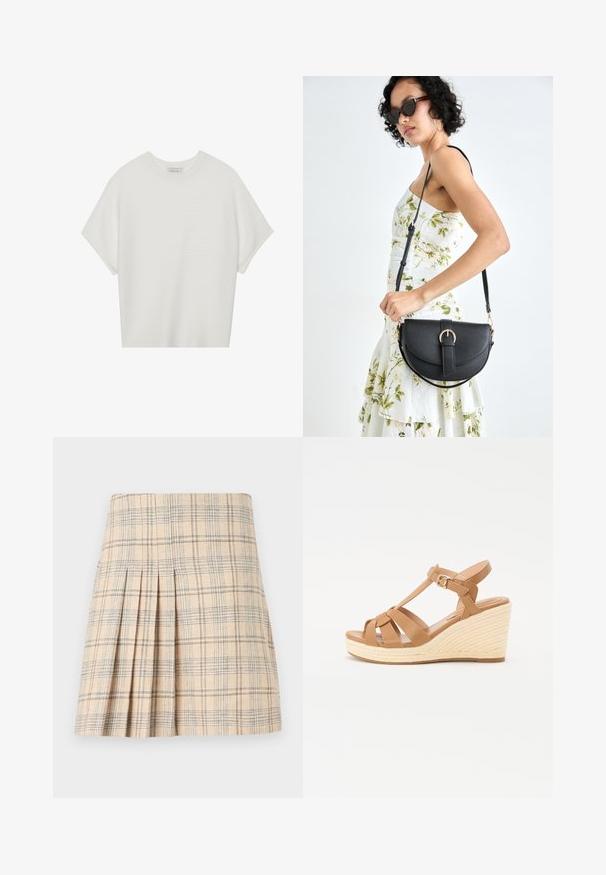 Valge lühikeste varrukatega T-särk laia ümaraha kaelusega ja tekstureeritud ribapatterniga, pehmest kangast, lõdva istuvuse ja puhta disainiga.; Kreemjas pleediga ruuduline seelik siniste ja pruunide joontega, millel on kohandatud vöökoht ja tekstuuriga kangas, et saavutada struktureeritud välimus.; Kohandatud tan värvi vitsseendiga sandaalid, millel on ristuv rihma disain, reguleeritav pahkluu pandla ning tekstuuriga kootud espadrilli stiilis kõrge konts.; Mustmust mustraha kõverate joontega, eemaldatava rihmaga ja kuldsete detailidega. Kotil on klapp, millel on pandladetail.