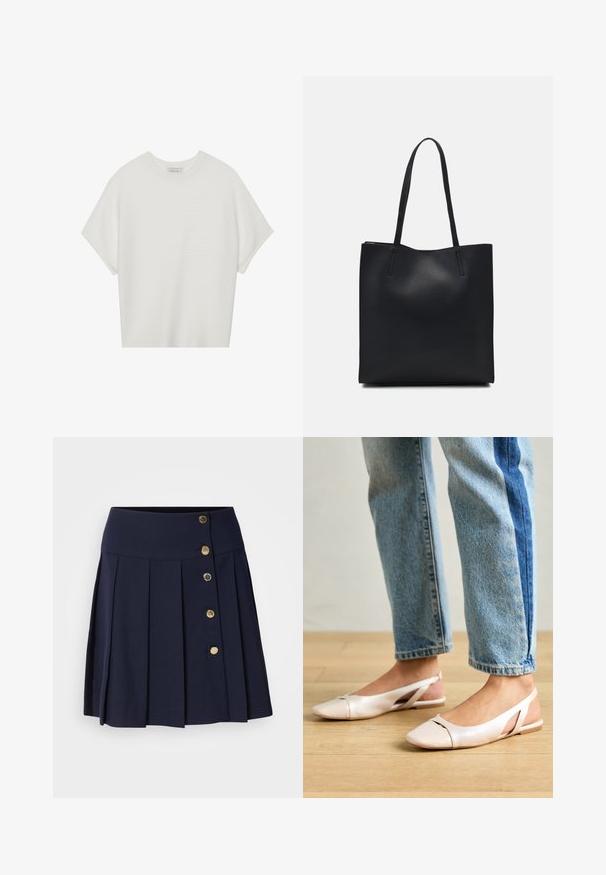 T-shirt blanc à manches courtes avec un large col rond et un motif côtelé texturé, fabriqué en tissu doux, présentant une coupe décontractée et un design épuré.; Jupe plissée bleu marine avec une taille haute, comportant cinq boutons dorés à l'avant et une texture lisse. Convient pour diverses occasions.; Ballerines slingback rose pâle avec un bout pointu, fabriquées en un matériau semblable au cuir lisse. Présentent des découpes sur les côtés et un talon plat.; Sac fourre-tout en cuir noir avec une texture lisse, de forme rectangulaire et deux longues poignées. Pas de matériel ou d'ornementations visibles.