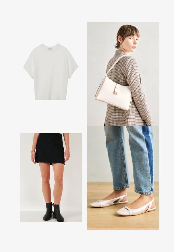 Fehér, rövid ujjú póló széles kerek nyakkivágással és textúrázott, bordás mintával, puha anyagból készült, laza fazonú és letisztult dizájnú.; Fekete mini szoknya, amely texturált anyagból készült, kockás mintával; fekete bokacsizmával párosítva, oldalsó cipzárral és blokk sarkú.; Világos rózsaszín slingback laposlábú cipők, hegyes orral, sima bőrhatású anyagból készült. Oldalt kivágott részletek találhatók rajta, valamint lapos sarkú.; Fehér bőr táska strukturált dizájnnal, mágneses záródással és vállpánttal, semleges háttér előtt bemutatva.