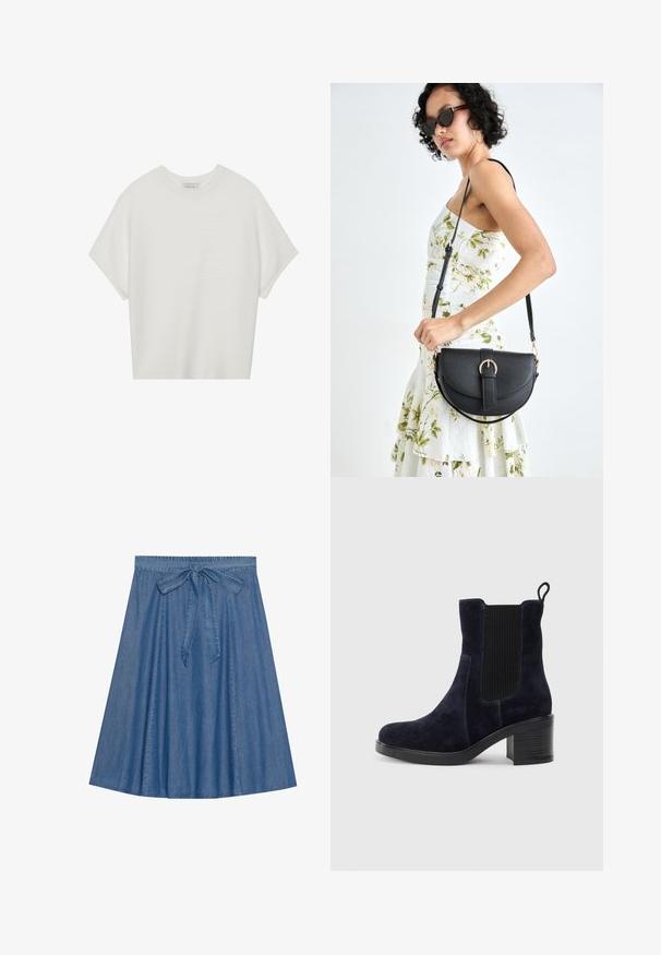 Valge lühikeste varrukatega T-särk laia ümaraha kaelusega ja tekstureeritud ribapatterniga, pehmest kangast, lõdva istuvuse ja puhta disainiga.; Keskmise sinise tooni teksaseelik. Omab kogutud vööd sidumisdetailiga. A-lõikega, sile tekstuur ja põlvepikkune disain.; Tumedat siniset nahast sääre pooled saapad elastse külgpaneeliga, ümmarguse ninaga ja blokkninaga. Tekstuuriga kangas ja siledad tallad lisavad kontrasti.; Mustmust mustraha kõverate joontega, eemaldatava rihmaga ja kuldsete detailidega. Kotil on klapp, millel on pandladetail.