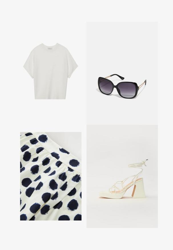 Witte T-shirt met korte mouwen, een brede ronde hals en een gestructureerd ribpatroon, gemaakt van zachte stof. Het shirt heeft een ontspannen pasvorm en een strakke uitstraling.; Witte stoffen rok met marineblauwe ronde stippen. De rok heeft een gathered taille en een gladde textuur.; Witte hoge hakken sandaal met een chunky hak, met een bandjesontwerp en enkelband. Gladde textuur met een plateau voor extra hoogte.; Zwarte oversized zonnebril met gradient glazen, dikke montuur en gouden kettingdetails op de pootjes.; Witte gestructureerde handtas met korte handvatten en een schouderband, voorzien van gouden hardwareaccenten en een textuurmateriaal, tentoongesteld tegen een grijze achtergrond.