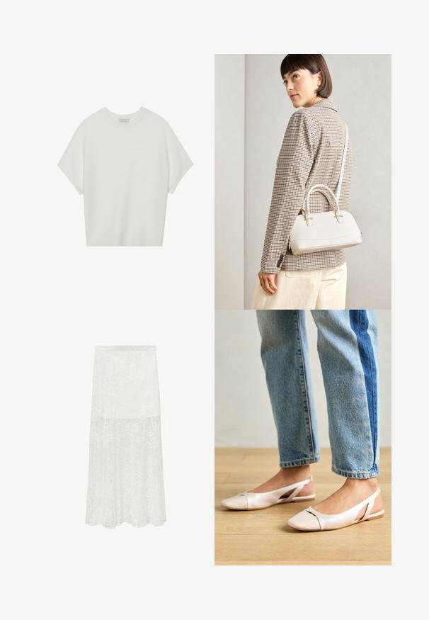 T-shirt blanc à manches courtes avec un large col rond et un motif côtelé texturé, fabriqué en tissu doux, présentant une coupe décontractée et un design épuré.; Jupe maxi en dentelle blanche avec de subtils motifs floraux, texture semi-transparente et silhouette en A. Taille élastique pour plus de confort.; Ballerines slingback rose pâle avec un bout pointu, fabriquées en un matériau semblable au cuir lisse. Présentent des découpes sur les côtés et un talon plat.; Sac à main structuré blanc avec de courtes poignées et une bandoulière, doté de accents en métal doré et d'un matériau texturé, présenté sur un fond gris.
