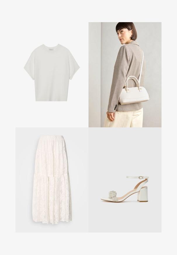 Vit kortärmad t-shirt med bred rund halsringning och texturerad ribbad mönster, tillverkad av mjukt material, med avslappnad passform och en ren design.; Vit spets maxikjol med ett lager-på-lager design, elastisk midjeband och invecklade blommönster genom hela plagget. Lätt och strukturerad tyg.; Vit öppen tå sandal med en tjock blockklack, som har ett texturerat glittrande band över foten och ett justerbart ankelsnöre.; Vitt strukturerat handväska med korta handtag och en axelrem, med gyllene detaljer och texturerat material, visad mot en grå bakgrund.