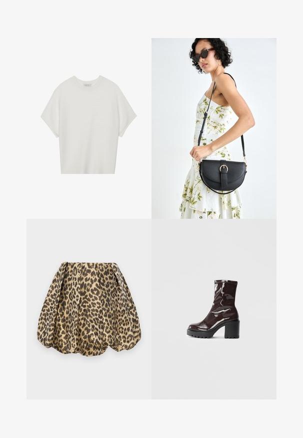 Fehér, rövid ujjú póló széles kerek nyakkivágással és textúrázott, bordás mintával, puha anyagból készült, laza fazonú és letisztult dizájnú.; Sister Jane LOLA SKIRT - A-vonalú szoknya - tan; Fényes bordó bokacsizma vastag fekete sarokkal, sima felülettel és egyszerű dizájnnal. Nincsenek látható zárak vagy minták.; Fekete bőrtáska ívelt formával, levehető pánttal és arany színű fémrészekkel. A táskán egy csattal díszített fedél található.