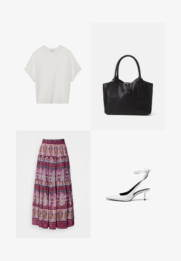Vit kortärmad t-shirt med bred rund halsringning och texturerad ribbad mönster, tillverkad av mjukt material, med avslappnad passform och en ren design.; Lång, lagerdelt kjol gjord av lättviktsmaterial i nyanser av lila och orange, med intrikata blommönster och geometriska mönster genom hela.; Vita spetsiga slingbackklackar med en smal ankelrem. Slätt lädermaterial, smal stilettklack och en svart inre foder.; Svart läder tote-väska med slät yta, strukturerad form, två handtag och en framträdande silverfärgad spänne på framsidan.