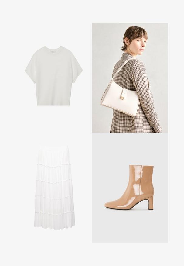 Witte T-shirt met korte mouwen, een brede ronde hals en een gestructureerd ribpatroon, gemaakt van zachte stof. Het shirt heeft een ontspannen pasvorm en een strakke uitstraling.; Witte gestapelde rok van lichtgewicht stof, met een rekbare tailleband, ruches en een vloeiende ontwerp dat tot halverwege de kuit reikt.; Nude patent leren enkellaarsjes met een spitse neus, een glanzende afwerking en een mid-hoge blokhak. Gladde textuur en elegante silhouet.; Witte leren handtas met een gestructureerd ontwerp, voorzien van een magneetsluiting en een schouderriem, tentoongesteld tegen een neutrale achtergrond.