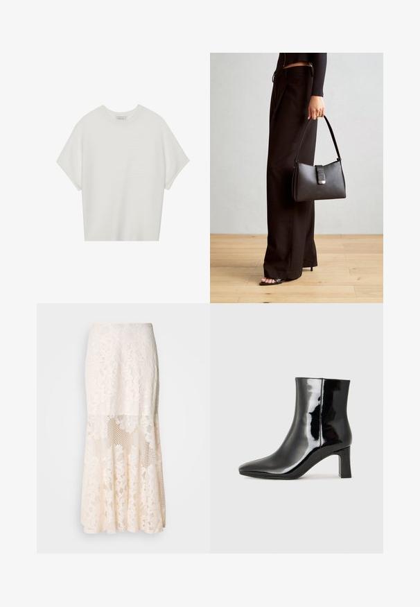 Camiseta branca de mangas curtas com um decote careca largo e um padrão texturizado canelado, feita de tecido suave, com um corte relaxado e um design limpo.; Saia midi em renda floral na cor creme; apresenta um design em camadas com seções transparentes, renda texturizada e uma barra rodada.; Botim de tornozelo em pele sintética preta com bico apontado e salto bloco de altura média. Textura suave e design minimalista.; Bolsa preta com forma estruturada, textura suave e um fecho metálico. Combinada com calças largas pretas e sandálias de salto aberto sobre um chão de madeira.