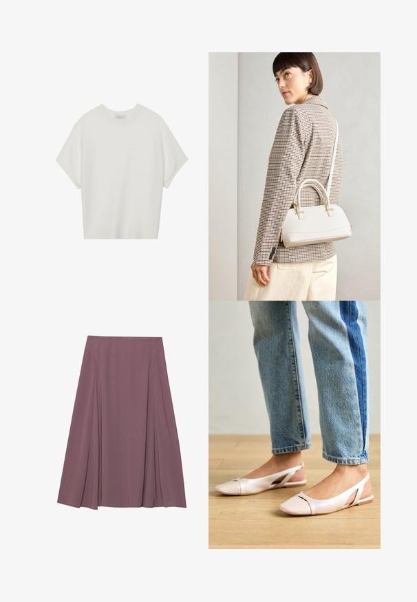 Weißes T-Shirt mit kurzen Ärmeln, weitem Rundhalsausschnitt und strukturiertem Rippenmuster, aus weichem Stoff, mit legerer Passform und einem klaren Design.; Ein knielanger Rock in einem sanften Mauve-Ton, aus leichtem Stoff mit plissiertem Design und glatter Textur. Keine sichtbaren Verschlüsse.; Blassrosa Slingback-Ballerinas mit spitzem Punkt, aus einem glatten, lederähnlichen Material. Mit Ausschnitten an den Seiten und einem flachen Absatz.; Weiße strukturierte Handtasche mit kurzen Griffen und einem Schultergurt, ausgestattet mit goldfarbenen Hardware-Elementen und strukturiertem Material, vor einem grauen Hintergrund präsentiert.