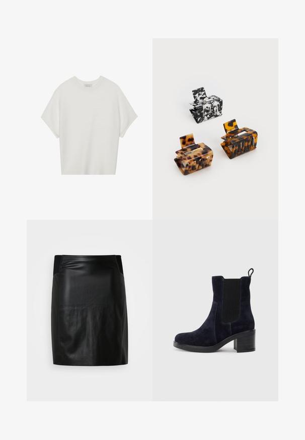 Valge lühikeste varrukatega T-särk laia ümaraha kaelusega ja tekstureeritud ribapatterniga, pehmest kangast, lõdva istuvuse ja puhta disainiga.; Mustjas nahast mini seelik sileda tekstuuriga, sobiva disainiga ja elastse vöökohtaga, näidates kaasaegset ja elegantset välimust.; Tumedat siniset nahast sääre pooled saapad elastse külgpaneeliga, ümmarguse ninaga ja blokkninaga. Tekstuuriga kangas ja siledad tallad lisavad kontrasti.; Kolm juukseklambrit: üks must-valge marmoriga, kaks kilpkonnakuulist pruunides ja mustades toonides, kõik läikivast plastist ja tekstureeritud pinnaga.