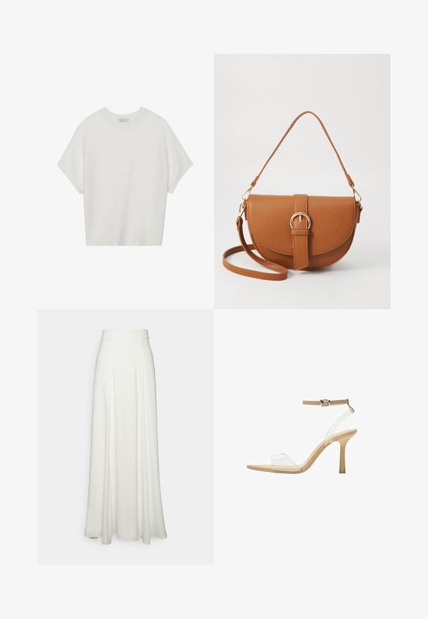 Valkoinen lyhythihainen t-paita, jossa on leveä pyöreä kaula-aukko ja teksturoitu ribbikuvio, valmistettu pehmeästä kankaasta, rento malli ja siisti muotoilu.; Valkoinen, lattiaa ulottuva hame, jossa on sileä, virtaava rakenne. Hameessa on tiukka, korkea vyötärö ja ei näkyviä kuvioita tai koristeita.; Kirkas korkokenkä läpinäkyvällä varrella, beigellä pohjalla ja hoikalla nilkkahihnalla. Ominaisuuksiin kuuluu terävä kärki ja ohut korkea korko.; Ruskean nahkainen olkalaukku, jossa on kaareva muoto, kultaiset yksityiskohdat ja solkiyksityiskohta. Varustettu irrotettavalla olkahihnalla.