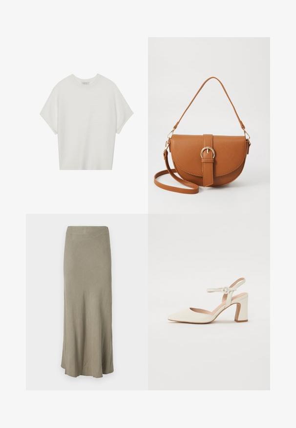 Camiseta branca de mangas curtas com um decote careca largo e um padrão texturizado canelado, feita de tecido suave, com um corte relaxado e um design limpo.; Saia de corte reto até ao joelho, feita de um tecido leve e suave, na cor verde oliváceo suave, com uma textura subtil e sem fechos visíveis.; Pump de bico fino, na cor creme, com um salto quadrado. Apresenta uma tira fina no tornozelo com uma fivela redonda e uma textura de couro suave.; Bolsa transversal de couro castanho com um formato curvado, ferragens douradas e um detalhe de fivela. Inclui uma alça de ombro destacável.