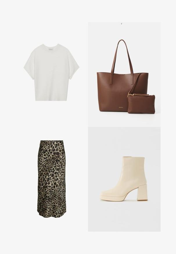 T-shirt bianca a maniche corte con scollo rotondo ampio e texture a coste, realizzata in tessuto morbido, caratterizzata da una vestibilità rilassata e un design pulito.; Gonna midi con stampa leopardata in tessuto setoso. Caratterizzata da una superficie liscia, sfondo beige neutro con macchie marroni scure e nere.; Stivaletti beige in pelle con tacco a blocco e suola platform, finitura liscia e punta leggermente quadrata, rivolti a sinistra su sfondo bianco.; Borsa a tote in finta pelle marrone con due manici lunghi e una piccola pochette coordinata. La superficie presenta un motivo testurizzato e dettagli in metallo dorato.