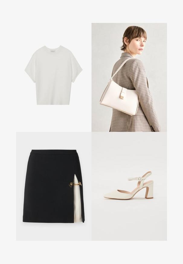 Bílý krátký rukáv tričko s širokým kulatým výstřihem a texturovaným žebrovaným vzorem, vyrobené z měkké látky, s uvolněným střihem a čistým designem.; Černá mini sukně s bočním rozparkem, která odhaluje krémovou podšívku, disponující zlatými kovovými detaily a elegantní, hladkou texturou látky.; Kopie s špičatou špičkou, krémové lodičky s blokovým podpatekem. Obsahuje tenký pásek kolem kotníku s kulatou sponou a hladkou koženou texturu.; Bílá kožená kabelka se strukturálním designem, s magnetickým uzávěrem a ramenním popruhem, prezentovaná na neutrálním pozadí.
