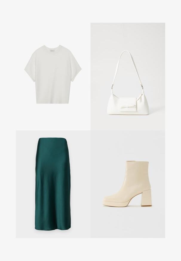 White short-sleeve t-shirt with a wide crew neck and textured ribbed pattern, made of soft fabric, featuring a relaxed fit and a clean design.; Gina Tricot ELASTIC MIDI SKIRT - Maxi skirt - ponderosa pine; Beige leather ankle boot with block heel and platform sole, smooth finish, and slightly squared toe facing left on white background.; White synthetic handbag with a triangular shape, flat front flap and bow detail, adjustable strap, smooth texture, and minimalistic design.