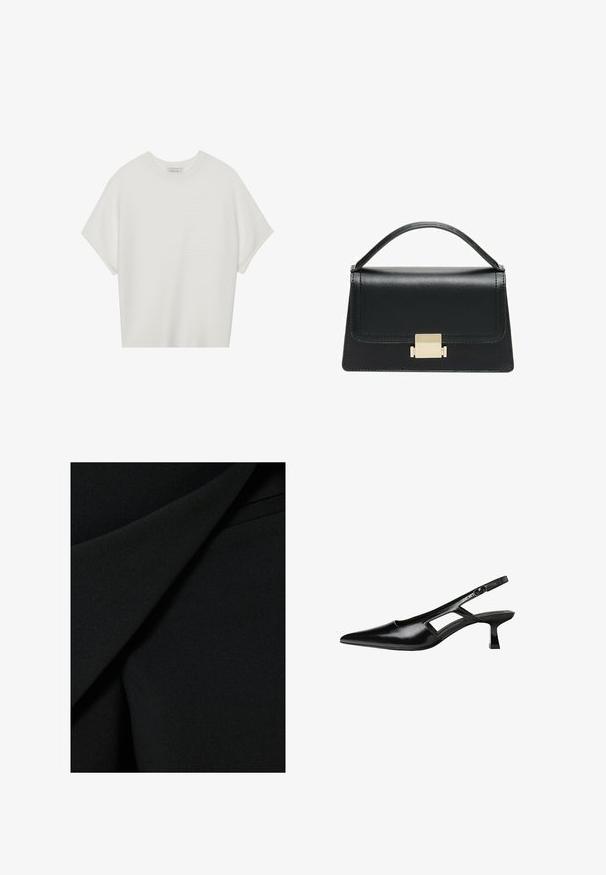 Hvid kortærmet t-shirt med en bred rund hals og struktureret ribbet mønster, lavet af blødt stof, med en afslappet pasform og et enkelt design.; Sort stof med en glat, mat tekstur, der har lagdelte folder og en struktureret design, der skaber et elegant udseende.; Sorte patentlæder slingback hæle med spids tå, udskåret sideskærm og en lille firkantet hæl. Glat tekstur med minimale detaljer.; Sort læderhandtaske med et struktureret design, topbærerhåndtag og en detalje i guldfarvet metalklap på fronten. Glat tekstur, minimal syning.