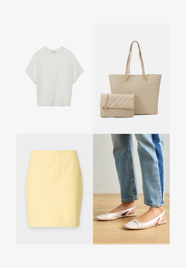 Hvit t-skjorte med korte ermer, bred rund hals og teksturert ribbet mønster, laget av myk stoff, med en avslappet passform og et enkelt design.; Gul mini skjørt med en glatt tekstur og slank passform, med et rent design og minimale sømdetaljer.; Lys rosa slingback leiligheter med spiss tå, laget av et glatt, læraktig materiale. Har utskjæringer på sidene og lav hæl.; Beige totebag med flate håndtak, glatt tekstur og gullkomponenter, sammen med en matchende quiltet clutch med kjedehåndtak.