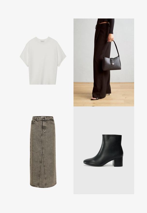 Valkoinen lyhythihainen t-paita, jossa on leveä pyöreä kaula-aukko ja teksturoitu ribbikuvio, valmistettu pehmeästä kankaasta, rento malli ja siisti muotoilu.; Denim-maksihame haalistuneessa mustassa värissä, suora leikkaus, näkyvät saumat ja edessä halkio. Varustettu tavallisella vyötäröllä ja vyölenkeillä.; Musta nahkasaappaat nilkkapituudella, jossa on terävä kärki ja paksu korko. Silkkinen pinta, jossa on minimaaliset yksityiskohdat ja tyylikäs, istuva muotoilu.; Musta käsilaukku, jossa on rakenteellinen muoto, sileä pinta ja metallinen solki. Yhdistetty leveisiin mustiin housuihin ja avonaiheisiin sandaaleihin puulattialla.