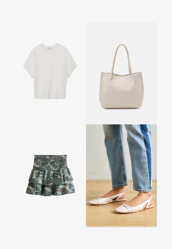 Balta trumpa rankovėmis marškinėliai su plačiu apykakle ir tekstūruotu gumbelių raštu, pagaminti iš minkštos medžiagos, pasižymintys laisvu siluetu ir tvarkingu dizainu.; Kamo spalvos tiered sijonas su raukšlėtu liemeniu, turintis tris raukšlėtus sluoksnius muted žalia ir pilka spalvomis. Lengvas audinys.; Šviesiai rožiniai slingback baleto bateliai su smailiu pirštu, pagaminti iš lygios odai panašios medžiagos. Yra išpjovimų detalės šonuose ir plokščias kulnas.; Bežinė odinė rankinė su dviem petnešomis, lygiu paviršiumi ir atvira viršumi. Pasižymi minimalistiniu stiliumi be matomų detalių.