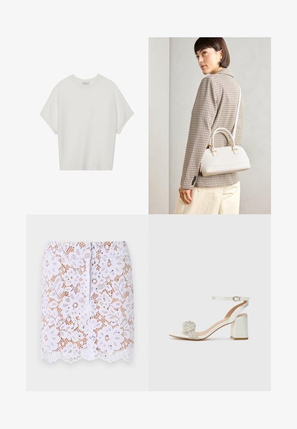 Valge lühikeste varrukatega T-särk laia ümaraha kaelusega ja tekstureeritud ribapatterniga, pehmest kangast, lõdva istuvuse ja puhta disainiga.; Valge pitsseelik lillemustriga, lainelise ääre ja diskreetsete ääristustega. Omab liibuvaid jooni ja peidetud tagavat zipperit.; Valge avatud varbaga sandaal paksu ploki kontsaga, millel on tekstuuriga sädeluslindi detail üle jala ja reguleeritav pahkluuring.; Valge struktureeritud käekott lühikeste käepidemete ja õlavööga, millel on kuldse riistvara aktsendid ja tekstuuriga materjal, eksponeeritud halli taustal.