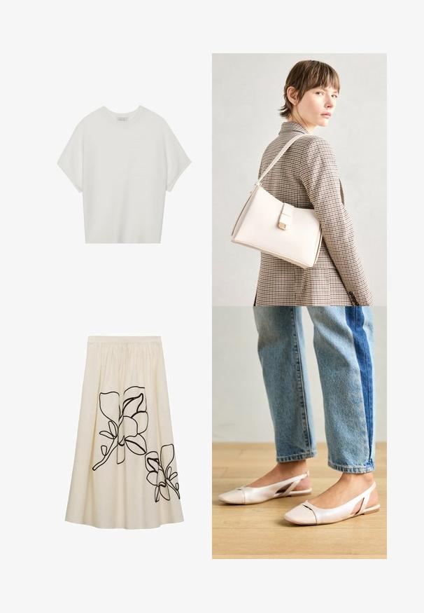 Weißes T-Shirt mit kurzen Ärmeln, weitem Rundhalsausschnitt und strukturiertem Rippenmuster, aus weichem Stoff, mit legerer Passform und einem klaren Design.; Cremefarbener Rock mit schwarzer Blumenstickerei, ausgestattet mit einem gerafften Bund und fließendem Design, aus einem leichten Stoff gefertigt.; Blassrosa Slingback-Ballerinas mit spitzem Punkt, aus einem glatten, lederähnlichen Material. Mit Ausschnitten an den Seiten und einem flachen Absatz.; Weiße Lederhandtasche mit strukturiertem Design, ausgestattet mit einem Magnetverschluss und einem Schulterriemen, präsentiert vor einem neutralen Hintergrund.