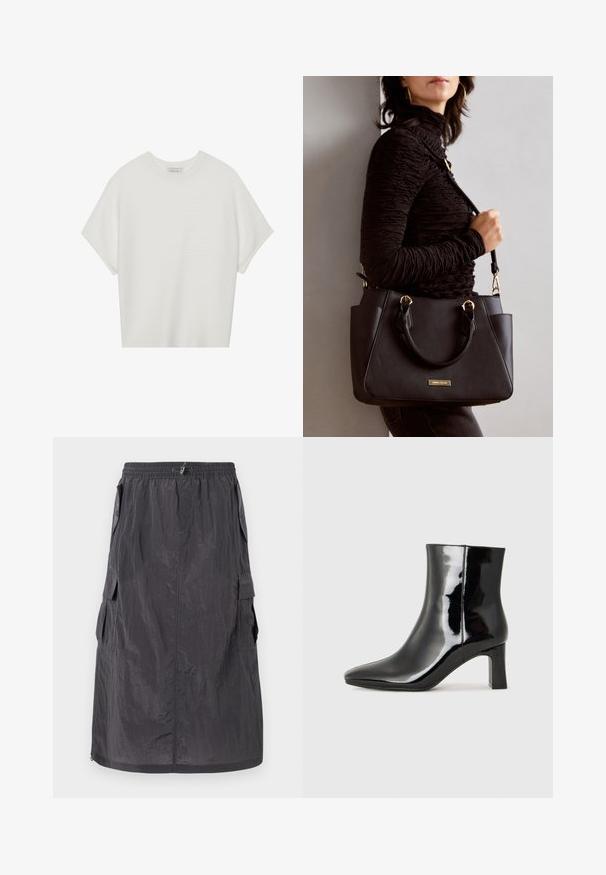 Bela majica s kratkimi rokavi in širokim ovratnikom ter teksturiranim rebrastim vzorcem, izdelana iz mehke tkanine, z udobnim krojem in čistim dizajnom.; Temno siva krilna dolžina do kolen, izdelana iz lahkotnega, gubastega materiala. Ima cargo žepe in elastičen pas s povojem.; Črne lakirane gležnjarje z ošiljenim nosom in srednje visokim blokastim peto. Gladka tekstura in minimalističen dizajn.; Črna torbica z teksturirano površino, z dvema zgornjima ročajema in nastavljivim ramenskim pasom. Ima zlatovrateče dodatke in stranske žepe.