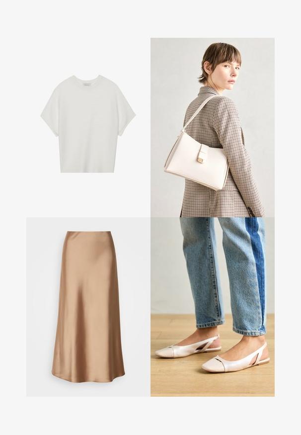 Valkoinen lyhythihainen t-paita, jossa on leveä pyöreä kaula-aukko ja teksturoitu ribbikuvio, valmistettu pehmeästä kankaasta, rento malli ja siisti muotoilu.; Satiinimidi-hame vaaleanruskeassa sävyssä, jossa on sileä ja virtaava siluetti, hienovaraisella kiillolla ja hieman levenevällä helman muodolla.; Vaaleanpunaiset slingback-ballerinat, joissa on terävä kärki, valmistettu sileästä nahkamaisesta materiaalista. Sivujen leikkuuyksityiskohdat ja tasapohja.; Valkoinen nahkainen käsilaukku, jossa on jämäkkä muotoilu, magneettinen suljin ja olkahihna, esillä neutraalilla taustalla.