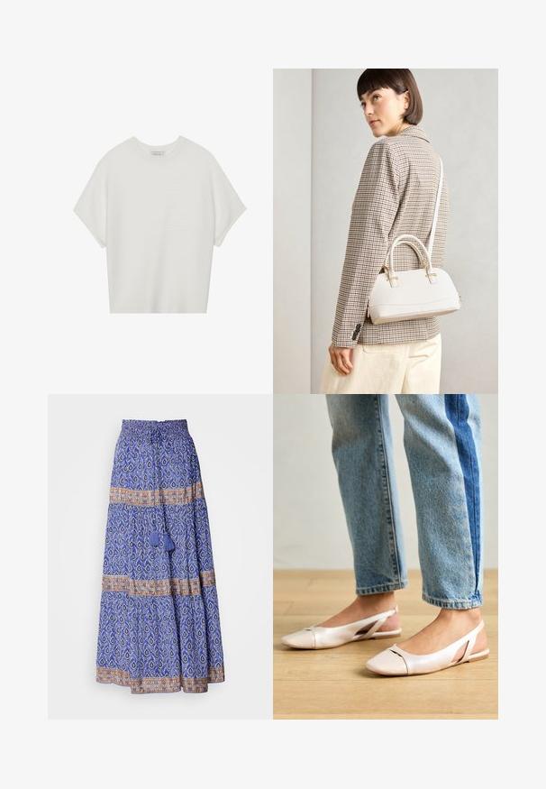 White short-sleeve t-shirt with a wide crew neck and textured ribbed pattern, made of soft fabric, featuring a relaxed fit and a clean design.; Blue patterned maxi skirt with an elastic waistband, featuring orange geometric accents and two blue tassels at the waistline.; Pale pink slingback flats with a pointed toe, made from a smooth leather-like material. Features cut-out details at the sides and a flat heel.; White structured handbag with short handles and a shoulder strap, featuring gold hardware accents and textured material, displayed against a grey background.
