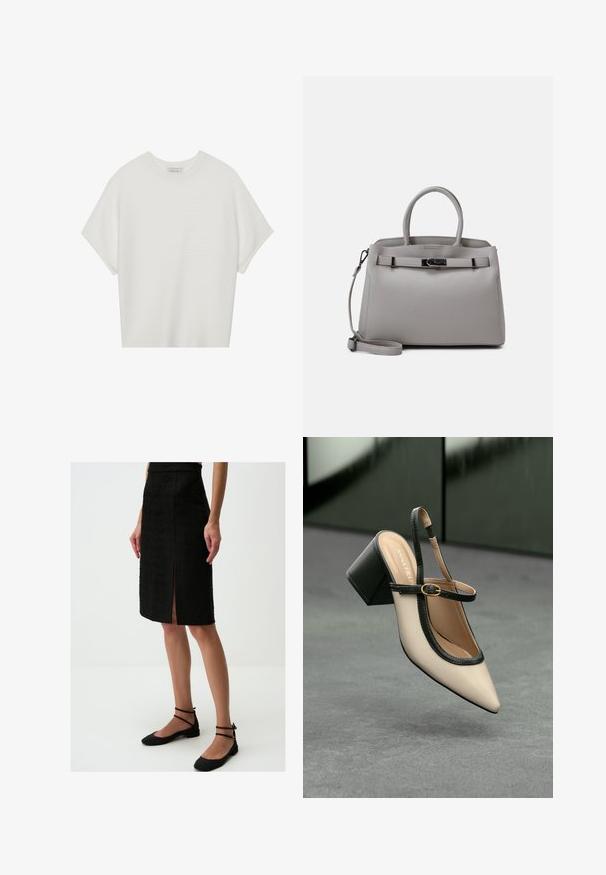 T-shirt blanc à manches courtes avec un large col rond et un motif côtelé texturé, fabriqué en tissu doux, présentant une coupe décontractée et un design épuré.; Jupe crayon noire en tissu texturé, longueur genou, avec une fente à l'avant, associée à des chaussures plates noires à brides de cheville.; Escarpin beige à bout pointu et bride arrière, avec des finitions noires, une boucle dorée et un talon bloc épais, posé sur un sol gris avec un fond vert foncé.; Sac à main en cuir gris avec double poignées, une sangle amovible, texture lisse et fermoir métallique à l'avant. Forme arrondie et design minimaliste.