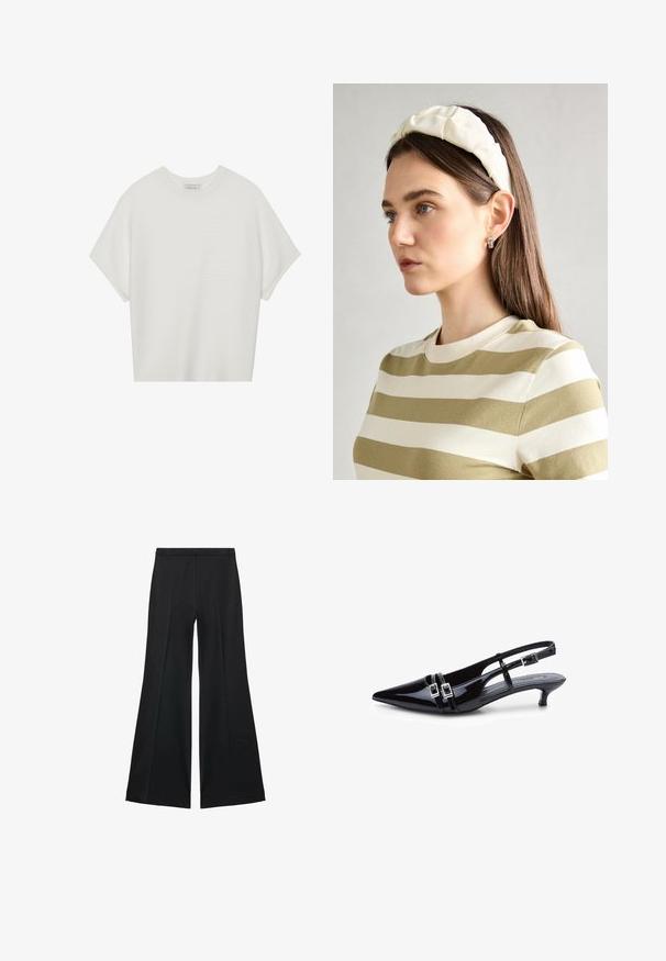 Bela majica s kratkimi rokavi in širokim ovratnikom ter teksturiranim rebrastim vzorcem, izdelana iz mehke tkanine, z udobnim krojem in čistim dizajnom.; Črne široke hlače z gladko teksturo, ki imajo sprednje nabore in kroj po meri. Tkanina je lahka in zračna.; Črne patentne usnjene slingback pete s koničastim nosom, srebrnimi sponkami in 5-centimetrsko peto. Gladka tekstura in minimalistična zasnova.; Kremna ušesna traka s prepletenim dizajnom, uparjena s bež in belimi črtastimi majicami z okroglim izrezom. Diskretni nakit.