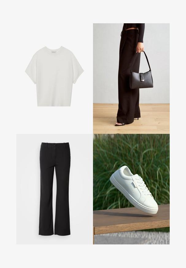 Bijela majica kratkih rukava s širokim okruglim izrezom i teksturiranim rebrastim uzorkom, izrađena od mekog materijala, s opuštenim krojem i čistim dizajnom.; Crne hlače od pamučne mješavine ravnog kroja, s prednjim kopčanjem na gumb i dva bočna džepa. Glatka tekstura, bez vidljivih uzoraka.; Bijela kožna tenisica s vezicama lebdi iznad drvene klupe, a u pozadini se nalaze zamućene zelene visoke trave na otvorenom.; Crna torba s oblikom koji sadrži strukturu, glađu teksturu i metalnu kopču. Uparena s širokim crnim hlačama i sandalama na otvorenom s drvenog poda.