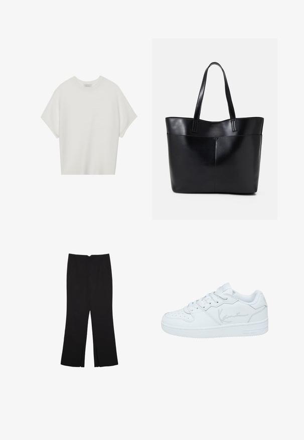 Valkoinen lyhythihainen t-paita, jossa on leveä pyöreä kaula-aukko ja teksturoitu ribbikuvio, valmistettu pehmeästä kankaasta, rento malli ja siisti muotoilu.; Mustat housut suoralinjaisella leikkauksella, joissa on etutaskut ja sivurei'ät helman alla. Valmistettu pehmeästä ja sileästä kankaasta. Sopii eri tilaisuuksiin.; Valkoiset tennarit, jotka on valmistettu sileästä nahasta ja joissa on rei'itetty kärki, litteät nauhat, kohokuvioitu logo sivussa ja paksu kumipohja.; Musta nahkainen kassi, jossa on kaksi pitkää kahvaa, sileä pinta ja jämäkkä muoto. Sisältää etutaskun lisävarastointia varten.