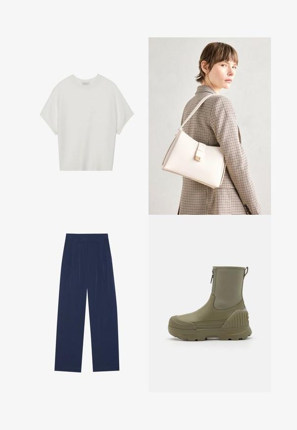 Valkoinen lyhythihainen t-paita, jossa on leveä pyöreä kaula-aukko ja teksturoitu ribbikuvio, valmistettu pehmeästä kankaasta, rento malli ja siisti muotoilu.; Navy siniset leveälahkeiset housut, joissa on pehmeä kangas, etuvaljaat, sileä pinta ja suora malli ilman näkyviä taskuja.; Vihreät vedenpitävät nilkkurit, joissa on sileä kumiostos, sivuvetoketju ja teksturoituvat kumiakcentit kantapäässä lisäämään pitoa ja vakautta.; Valkoinen nahkainen käsilaukku, jossa on jämäkkä muotoilu, magneettinen suljin ja olkahihna, esillä neutraalilla taustalla.