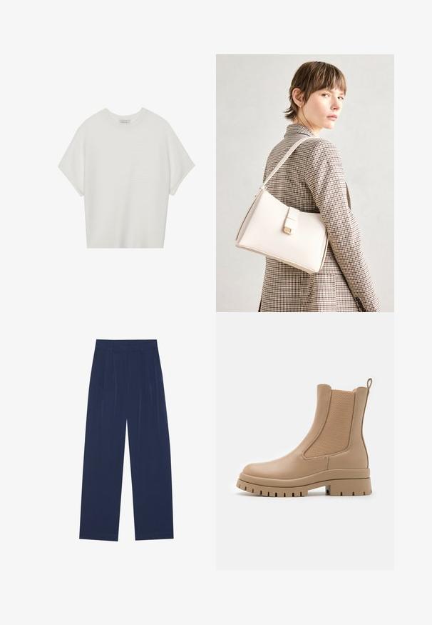 White short-sleeve t-shirt with a wide crew neck and textured ribbed pattern, made of soft fabric, featuring a relaxed fit and a clean design.; Navy blue wide-leg pants made of soft fabric, featuring front pleats, a smooth texture, and a straight fit with no visible pockets.; Anna Field Platform ankle boots - beige; White leather handbag with a structured design, featuring a magnetic clasp and a shoulder strap, showcased against a neutral background.