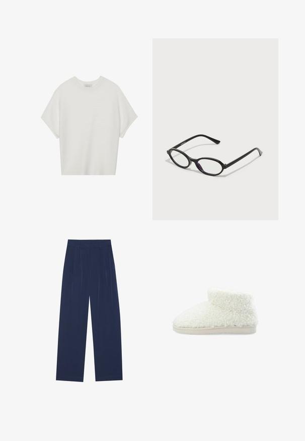 Camiseta blanca de manga corta con cuello redondo amplio y patrón acanalado texturizado, hecha de una tela suave, con un corte relajado y un diseño limpio.; Pantalones de pierna ancha en azul marino, fabricados en un tejido suave, que cuentan con pliegues frontales, una textura lisa y un corte recto sin bolsillos visibles.; Botas de tobillo blancas y suaves, hechas de un material texturizado y blando, con una suela plana beige. Presentan una punta redondeada y un borde vuelto en la parte superior para mayor calidez.; Gafas de montura ovalada negra con acentos morados translúcidos en las lentes. Las monturas tienen un acabado mate y patillas delgadas y rectas.; Bolso de mano de cuero blanco con un diseño estructurado, que presenta un cierre magnético y una correa para el hombro, exhibido sobre un fondo neutro.