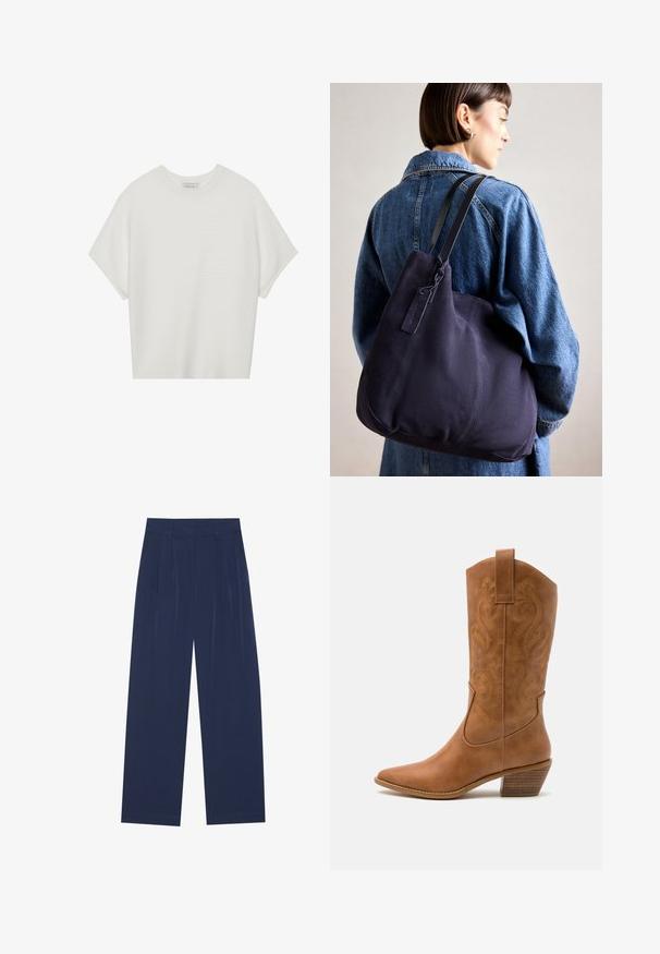 Camiseta branca de mangas curtas com um decote careca largo e um padrão texturizado canelado, feita de tecido suave, com um corte relaxado e um design limpo.; Calças largas azul-marinho feitas de um tecido suave, com plissados frontais, uma textura lisa e um corte recto sem bolsos visíveis.; Bota de cowboy em couro cáqui com bico pontiagudo, padrões de bordado em espiral no cano e um salto em bloco empilhado. Inclui uma alça para fácil calçar.; Bolsa de ombro em lona azul-marinho com uma forma suave e estruturada, apresentando uma alça preta, detalhes de costura e uma pequena etiqueta da marca.