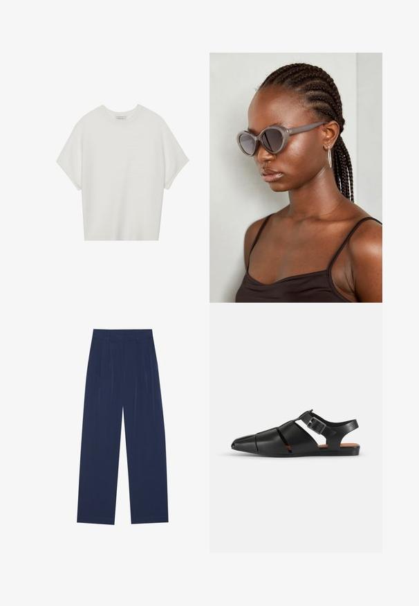 Valge lühikeste varrukatega T-särk laia ümaraha kaelusega ja tekstureeritud ribapatterniga, pehmest kangast, lõdva istuvuse ja puhta disainiga.; Tumedat sinised laiad püksid pehmest kangast, millel on esipleekid, sile pind ja sirge lõige, ilma nähtavate taskuteta.; Must must sandaalid teravate varvaste ja avatud kanna ning laia rihmaga, millel on pandla. Lame talla ja sujuva tekstuuriga minimalistlik disain.; Hallid ova päikeseprillid ümmarguse kujuga ja tumedate läätsega. Sujuva viimistlusega läikiv plastraam. Mudelil on põimitud juuksed.; Kolm juukseklambrit: üks must-valge marmoriga, kaks kilpkonnakuulist pruunides ja mustades toonides, kõik läikivast plastist ja tekstureeritud pinnaga.