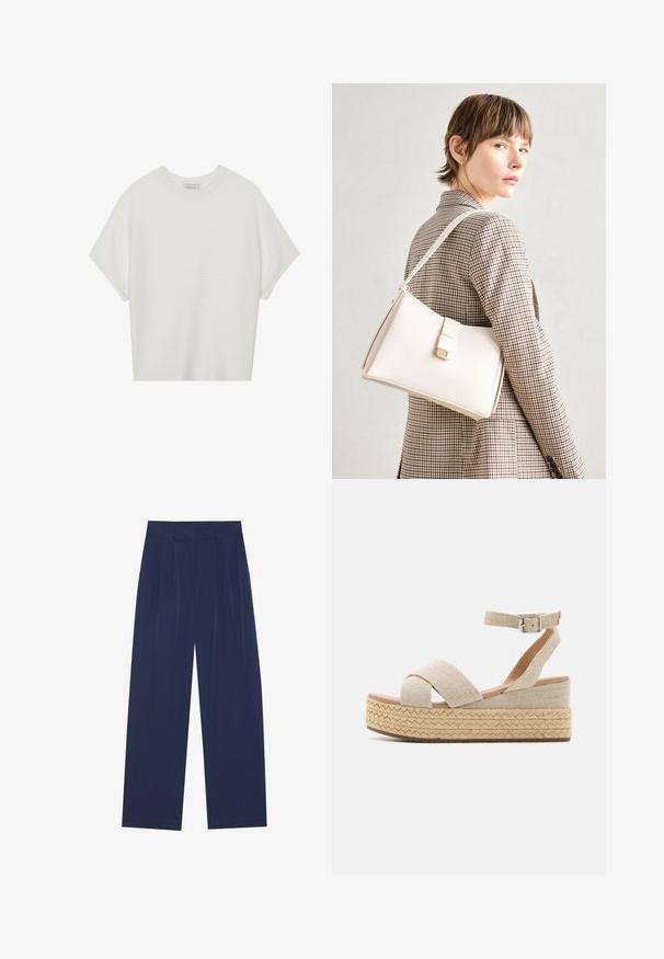 T-shirt blanc à manches courtes avec un large col rond et un motif côtelé texturé, fabriqué en tissu doux, présentant une coupe décontractée et un design épuré.; Pantalons larges bleu marine en tissu doux, dotés de pliures à l'avant, d'une texture lisse et d'une coupe droite sans poches visibles.; Sandales plateforme espadrilles beiges avec une tige en textile tissé, des sangles croisées, une boucle à la cheville et une semelle en jute texturé.; Sac à main en cuir blanc au design structuré, doté d'un fermoir magnétique et d'une bandoulière, présenté sur un fond neutre.