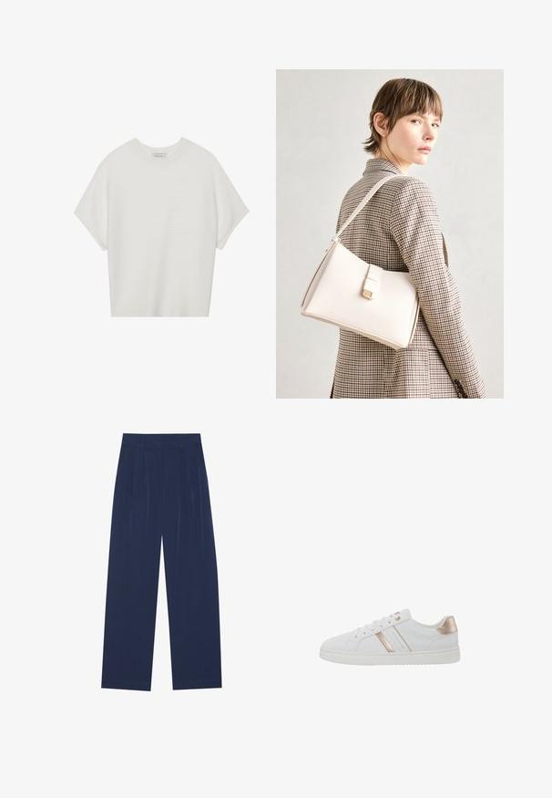 Weißes T-Shirt mit kurzen Ärmeln, weitem Rundhalsausschnitt und strukturiertem Rippenmuster, aus weichem Stoff, mit legerer Passform und einem klaren Design.; Himmelblaue Weitbundhosen aus weichem Stoff, mit vorderen Falten, glatter Oberfläche und einem geraden Schnitt ohne sichtbare Taschen.; Weiße Sneaker mit einem Low-Top-Design, glattem, lederähnlichem Material, metallic roségoldenen Akzenten und einer strukturierten Gummisohle.; Weiße Lederhandtasche mit strukturiertem Design, ausgestattet mit einem Magnetverschluss und einem Schulterriemen, präsentiert vor einem neutralen Hintergrund.