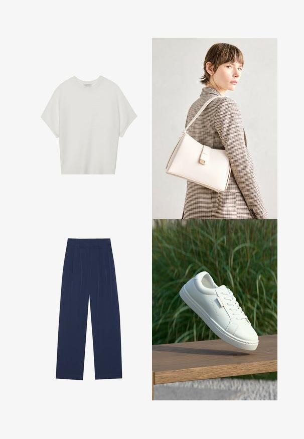 White short-sleeve t-shirt with a wide crew neck and textured ribbed pattern, made of soft fabric, featuring a relaxed fit and a clean design.; Navy blue wide-leg pants made of soft fabric, featuring front pleats, a smooth texture, and a straight fit with no visible pockets.; White leather sneaker with laces hovering above a wooden bench, green tall grass blurred in the background outdoors.; White leather handbag with a structured design, featuring a magnetic clasp and a shoulder strap, showcased against a neutral background.