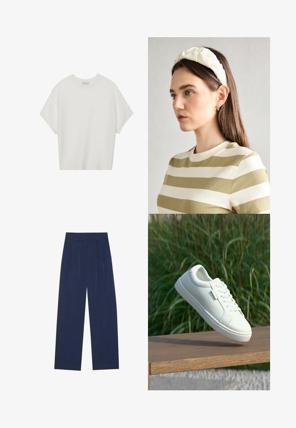 Biała koszulka z krótkim rękawem o szerokim dekolcie, wykonana z miękkiego materiału, z fakturowanym prążkowanym wzorem, charakteryzująca się luźnym krojem i minimalistycznym designem.; Granatowe spodnie o szerokich nogawkach, wykonane z miękkiego materiału, z przodem w kant, gładką fakturą i prostym krojem bez widocznych kieszeni.; Biała skórzana sneaker z sznurowadłami uniesiona nad drewnianą ławką, z tłem w postaci rozmytej zielonej, wysokiej trawy na zewnątrz.; Kremowa poduszka na głowę zziębniętym wzorem, zestawiona z beżową i białą koszulą w paski, z okrągłym dekoltem. Subtelne akcenty biżuteryjne.