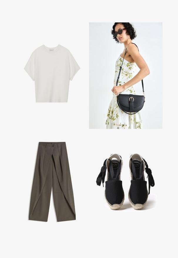 Biała koszulka z krótkim rękawem o szerokim dekolcie, wykonana z miękkiego materiału, z fakturowanym prążkowanym wzorem, charakteryzująca się luźnym krojem i minimalistycznym designem.; Spodnie o szerokich nogawkach wykonane z teksturowanej, ciemnoszarej tkaniny. Posiadają fałdy z przodu, zapięcie na guzik oraz boczne kieszenie dla wygody.; Czarne espadryle z płótnem, z jucianą podeszwą i plecionymi krawędziami. Sznurówki wykonane z tego samego czarnego materiału dla regulowanego dopasowania. Zasłonięty palce projekt.; Czarna skórzana torebka o zakrzywionym kształcie, z odpinanym paskiem i złotymi akcentami. Torebka posiada klapę z zapięciem w kształcie klamry.